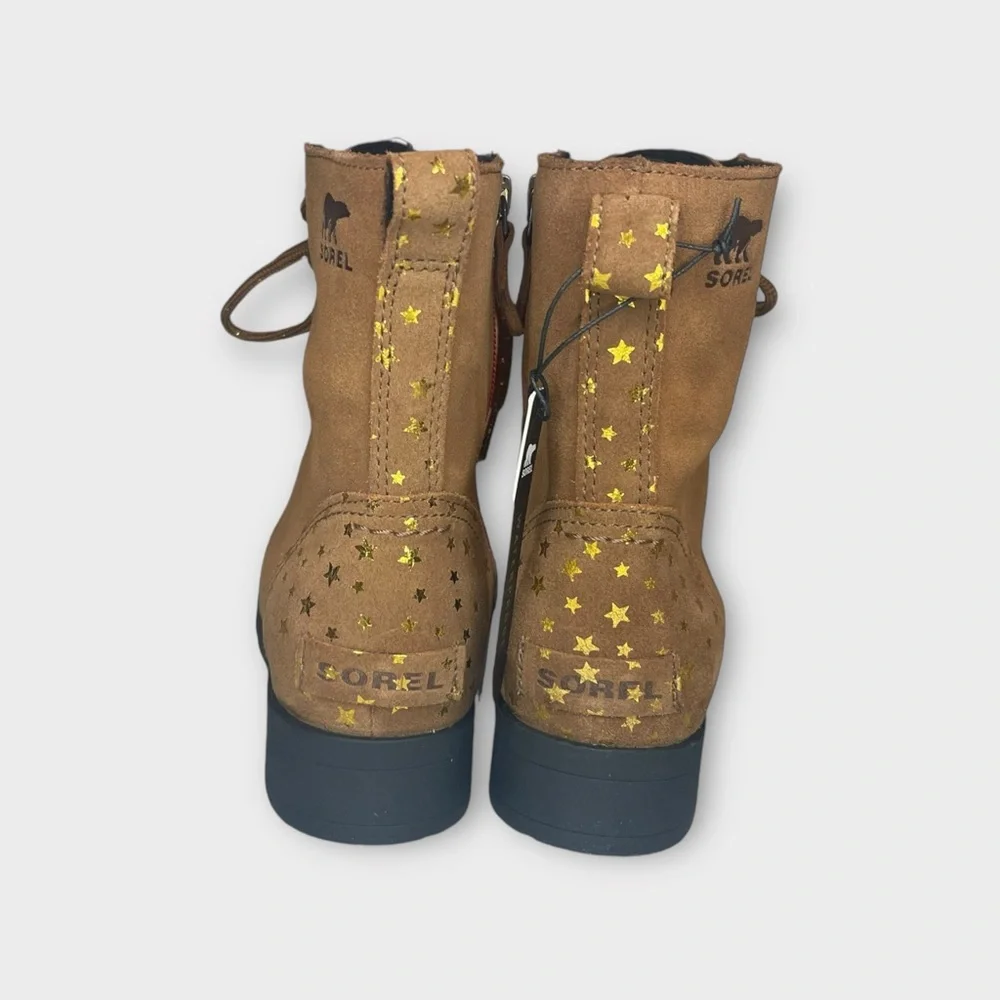 Sorel Emelie Suede Gold Star Pattern Brown Waterproof Boots